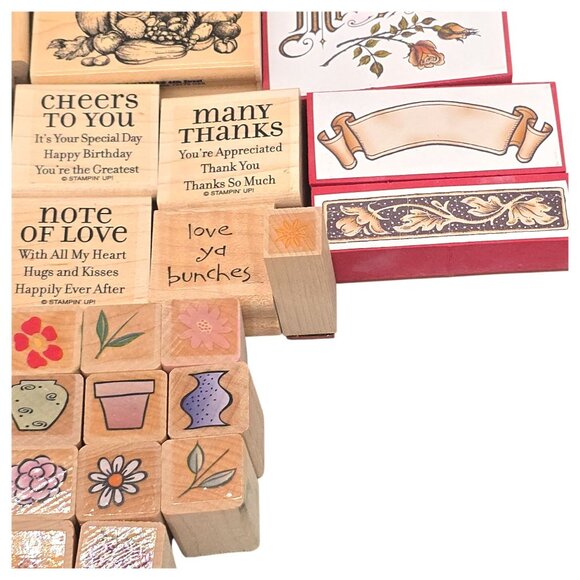 Vtg Wooden Rubber Stamp Lot of 60 Mixed Crafts Floral Sentiments & Decorative - Picture 5 of 16